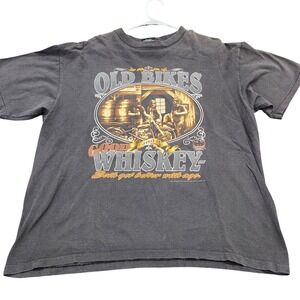Vintage 3D Emblem Shirt Mens XL Gray Old Bikes Good Whiskey Biker Tee Made USA